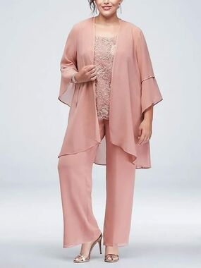 NWT Le Bos 3 piece Chiffon Sequin Top Wide-Leg Pants Set in Dusty Rose Size 16W